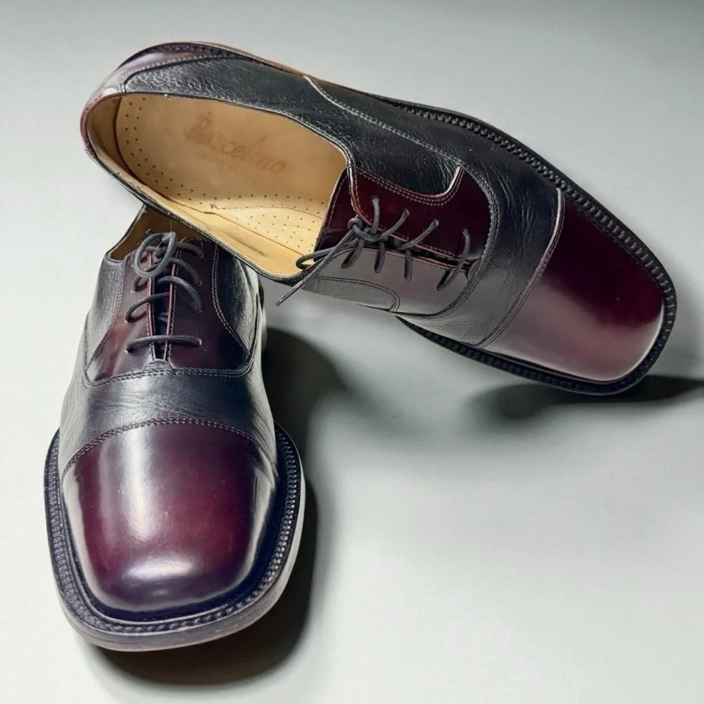 Barcelino Handmade Italian Leather Cap Toe Shoes Burgundy/Black |10M |Vero Cuoio